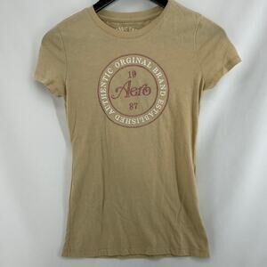 Aeropostale Classic Crew Embroidered Tee Womens Small Tan Pink Casual Fall Top